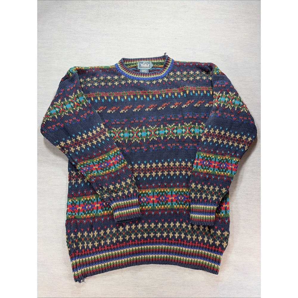 Vtg WOOLRICH Mixed Print Crewneck Blue Sweater Sz L Ramie Cotton Heavy
